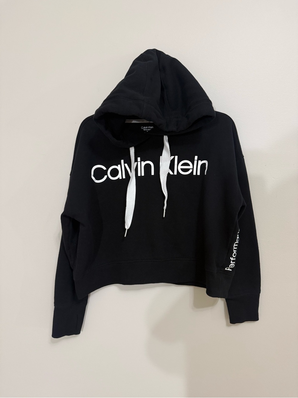 Calvin Klein Performance Women's Size M Cropped Hoodie Black Logo Cotton Blend